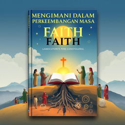 An illustrated book cover design that encapsulates the concept of faith, featuring the title "MENGIMANI DALAM PERKEMBANGAN MASA - PENTINGNYA MENGOKOHKAN IMAN DALAM PENGARUH PERKEMBANGAN GLOBAL" prominently displayed