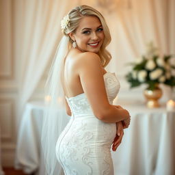 A young beautiful curvy bride with flowing blonde hair and striking blue eyes, wearing a very tight wedding dress that beautifully emphasizes her belly, hips, legs, and heart-shaped butt