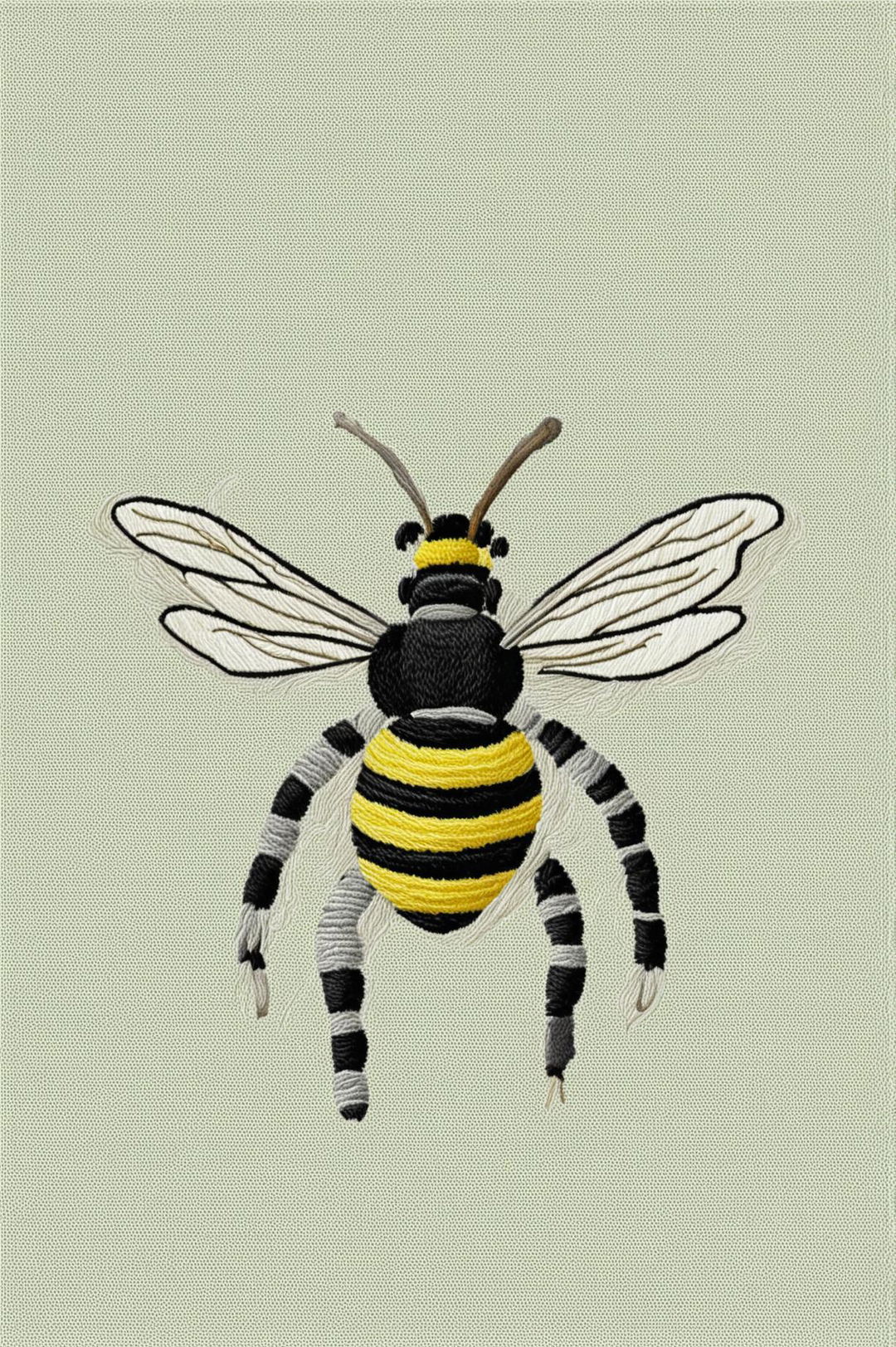 A 32k HD digital art image of an intricately embroidered bee on a neutral canvas