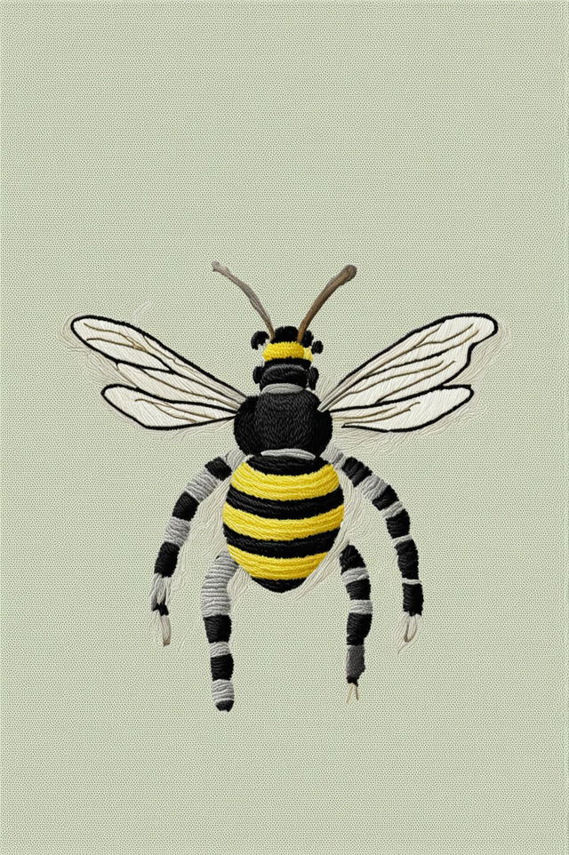 A 32k HD digital art image of an intricately embroidered bee on a neutral canvas