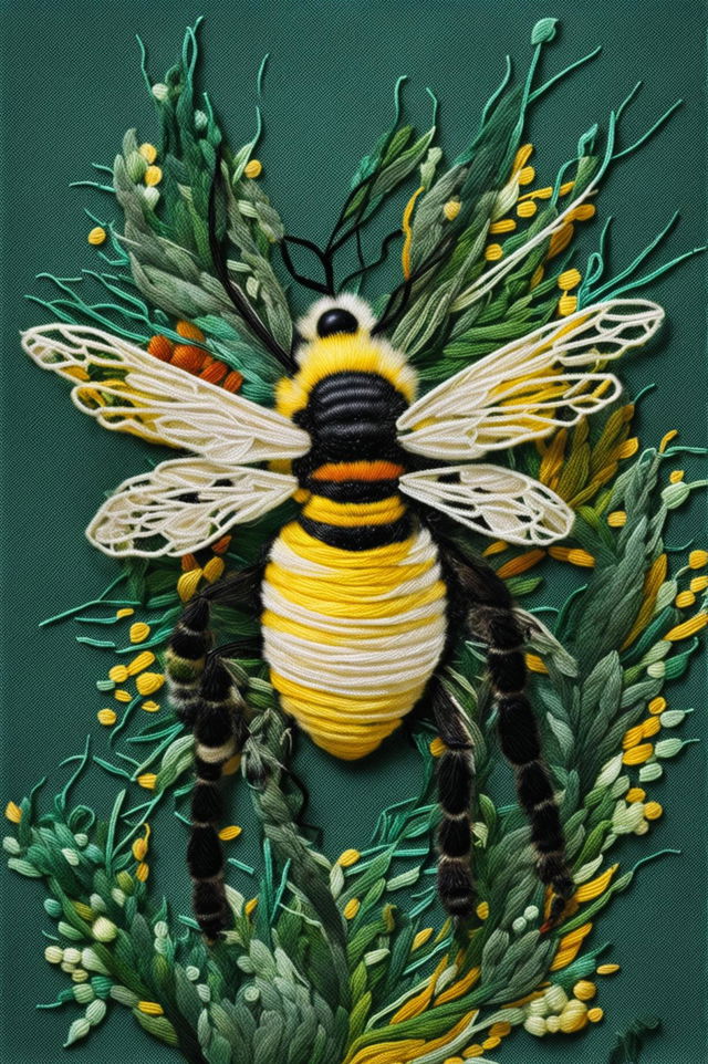 A 32k HD digital rendering of a bee, intricately embroidered on silk fabric with dimensions of 200mm