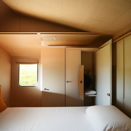 A well-lit room featuring two windows, a door, and a strategically placed cupboard near one window for ventilation. Also includes a comfortable bed and an additional external cupboard.