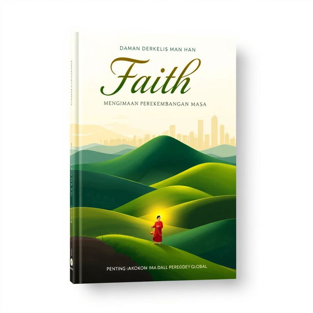 An illustration art style book cover design representing the concept of faith titled 'MENGIMANI DALAM PERKEMBANGAN MASA - PENTINGNYA MENGOKOHKAN IMAN DALAM PENGARUH PERKEMBANGAN GLOBAL'