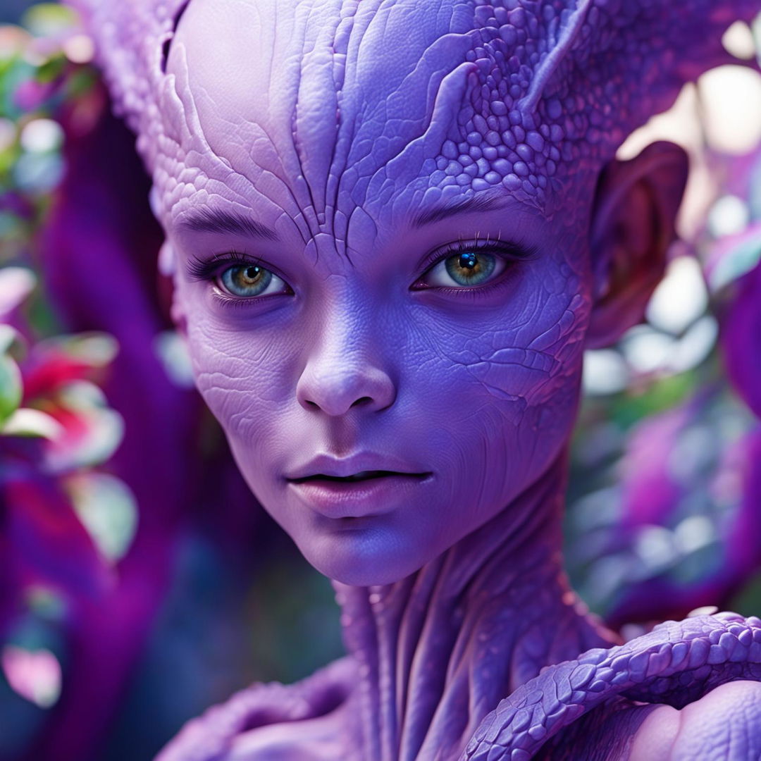 This is a hyper-realistic 3D cinema photograph of an even more beautiful lilac alien-human hybrid with more human features