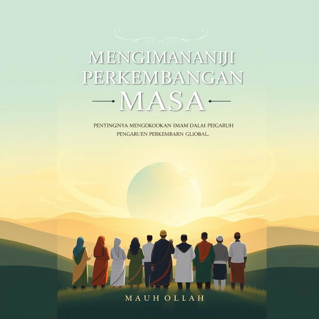 An illustration art style book cover design representing the concept of faith, titled 'MENGIMANI DALAM PERKEMBANGAN MASA -PENTINGNYA MENGOKOHKAN IMAN DALAM PENGARUH PERKEMBANGAN GLOBAL'