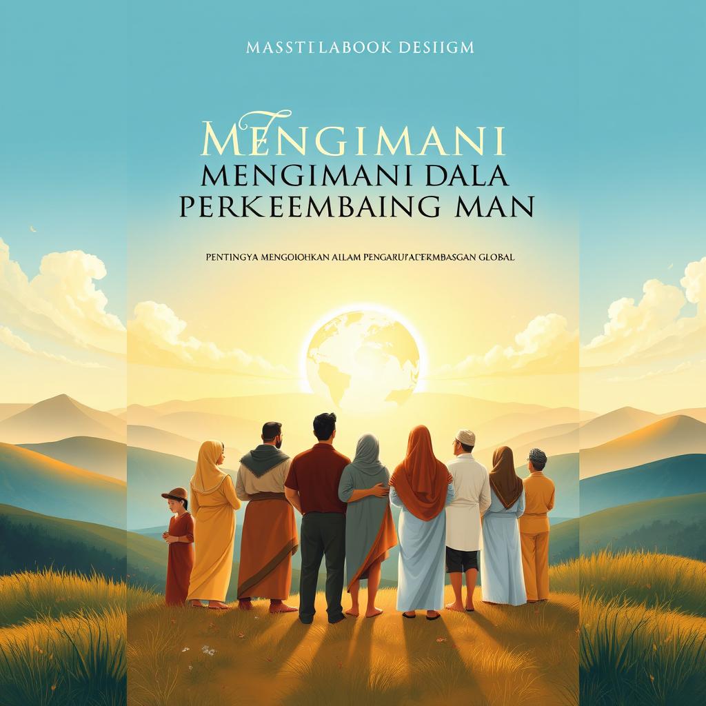 An illustration art style book cover design representing the concept of faith, titled 'MENGIMANI DALAM PERKEMBANGAN MASA -PENTINGNYA MENGOKOHKAN IMAN DALAM PENGARUH PERKEMBANGAN GLOBAL'