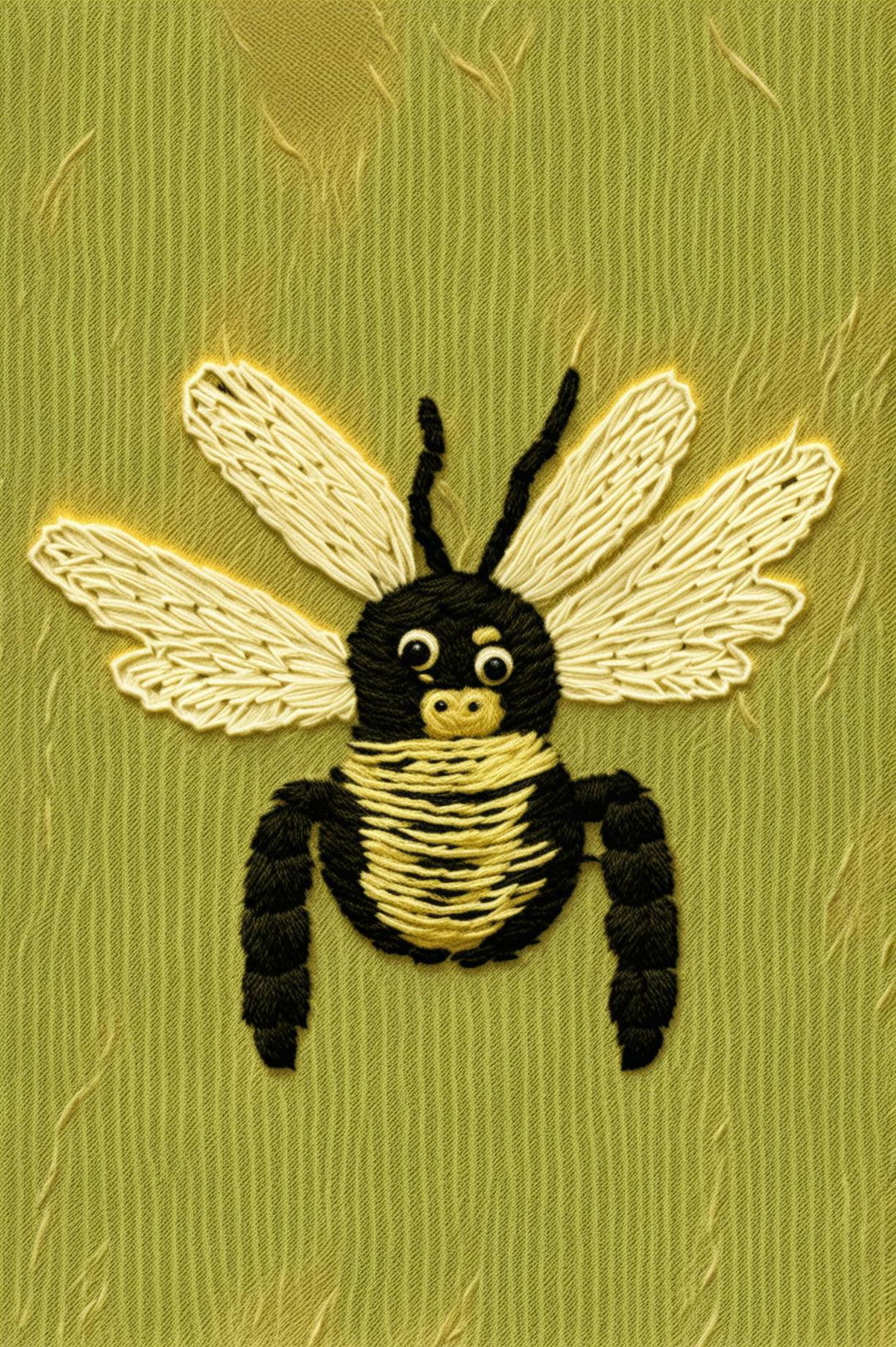 A 32k HD digital rendering of a cute bee, intricately embroidered on a textured fabric measuring 200mm