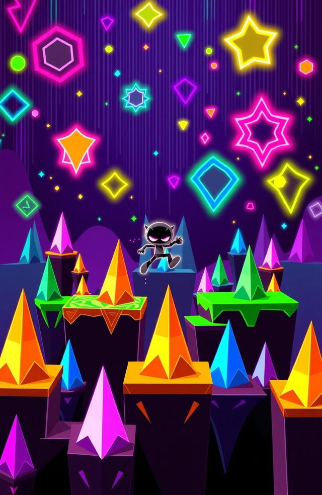 A vibrant and dynamic scene inspired by the game Geometry Dash, depicting a challenging platform level named Fingerdash