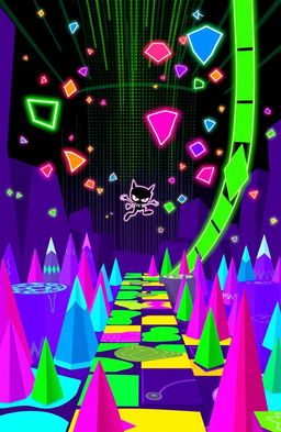 A vibrant and dynamic scene inspired by the game Geometry Dash, depicting a challenging platform level named Fingerdash