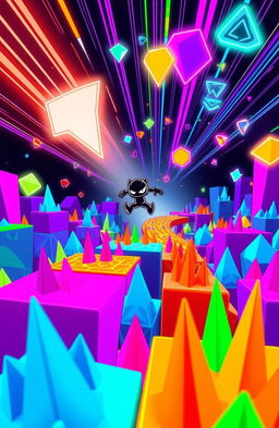 A vibrant and dynamic scene inspired by the game Geometry Dash, depicting a challenging platform level named Fingerdash