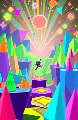 A vibrant and dynamic scene inspired by the game Geometry Dash, depicting a challenging platform level named Fingerdash