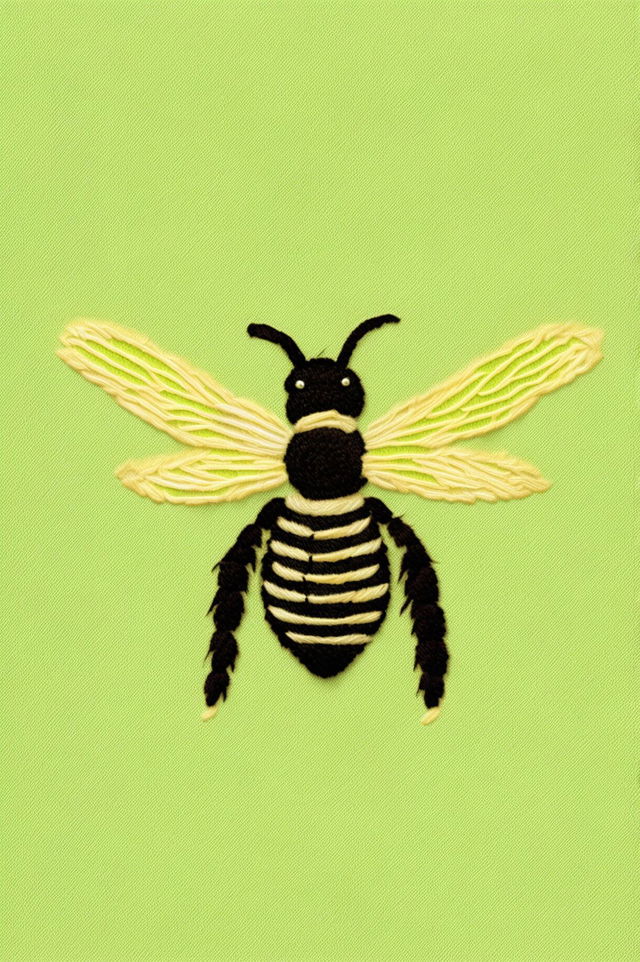 A 32k HD digital rendering of a Wes Anderson-inspired bee, intricately embroidered on fabric measuring 200mm