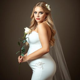 A young beautiful curvy bride with stunning long blonde hair and striking blue eyes, standing confidently while facing the camera