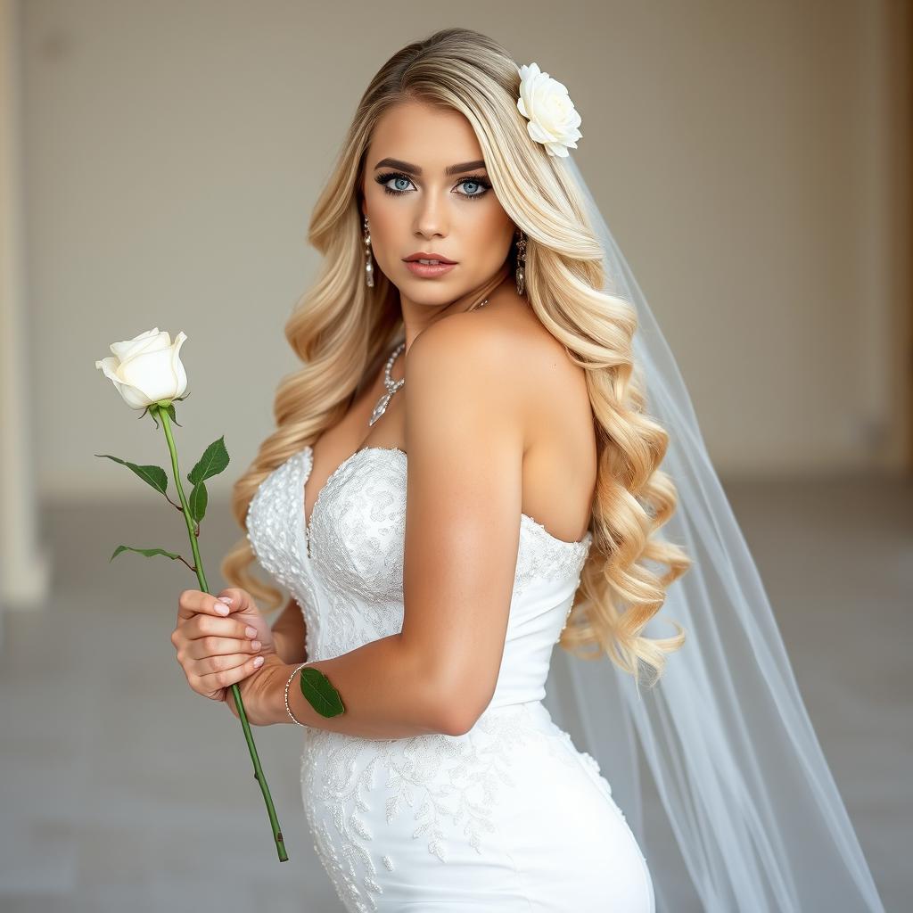 A young beautiful curvy bride with stunning long blonde hair and striking blue eyes, standing confidently while facing the camera