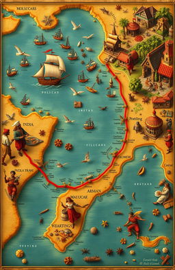 An intricate and detailed representation of the Spice Route, showcasing a vibrant maritime map filled with ships, navigators, and trade routes connecting various spice-producing regions such as the Moluccas, India, and the Arabian Peninsula