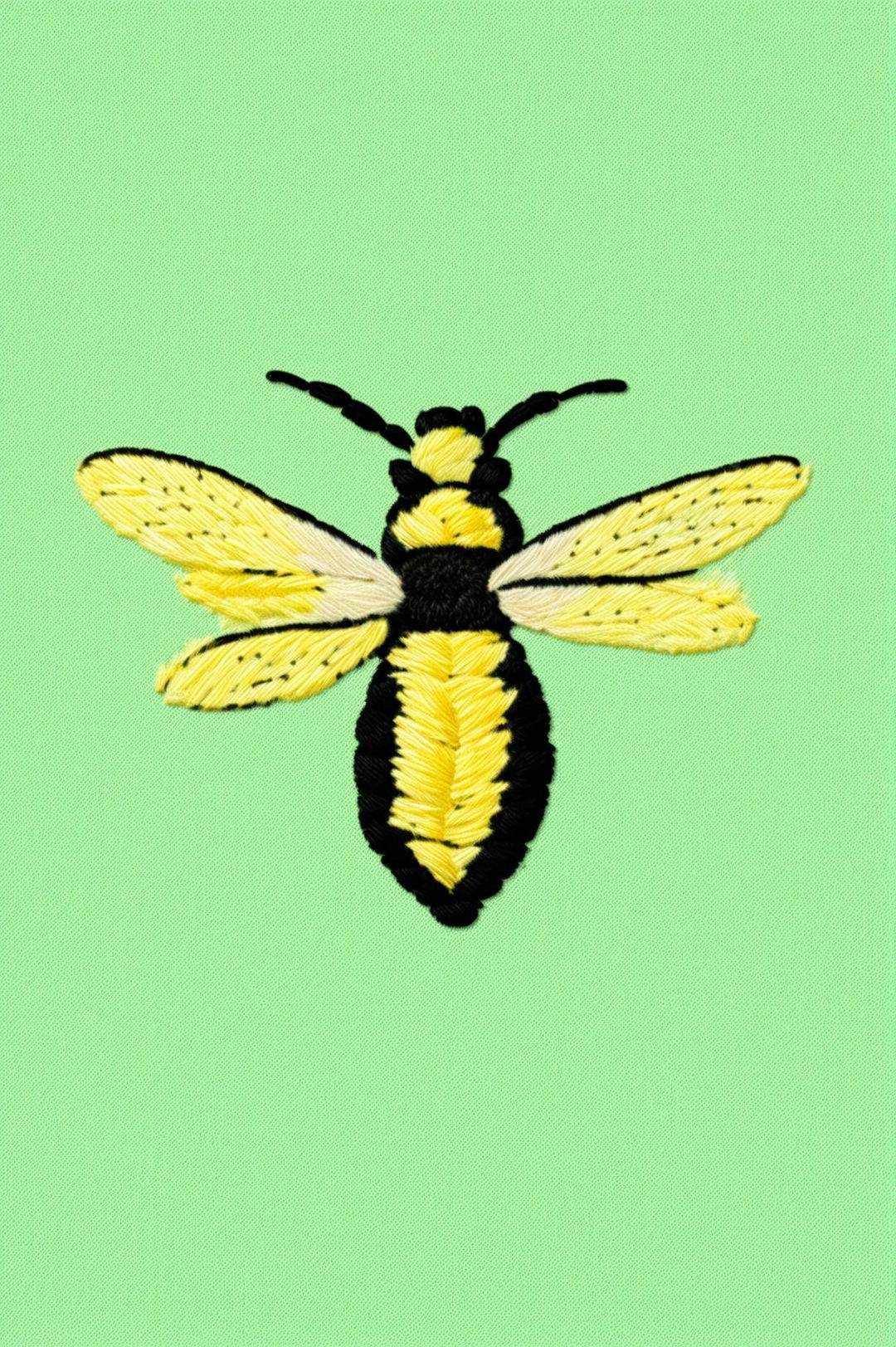 A 32k HD digital rendering of a Wes Anderson-inspired bee, intricately embroidered on pastel fabric measuring 200mm