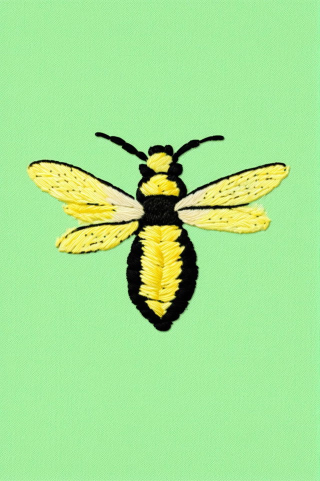 A 32k HD digital rendering of a Wes Anderson-inspired bee, intricately embroidered on pastel fabric measuring 200mm