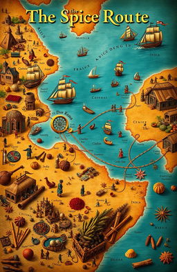 An intricate and detailed representation of the Spice Route, showcasing a vibrant maritime map filled with ships, navigators, and trade routes connecting various spice-producing regions such as the Moluccas, India, and the Arabian Peninsula