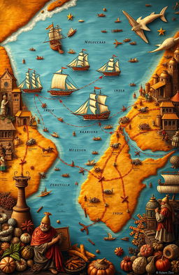 An intricate and detailed representation of the Spice Route, showcasing a vibrant maritime map filled with ships, navigators, and trade routes connecting various spice-producing regions such as the Moluccas, India, and the Arabian Peninsula