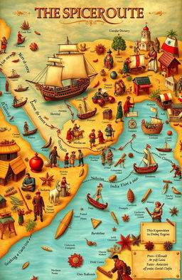 An intricate and detailed representation of the Spice Route, showcasing a vibrant maritime map filled with ships, navigators, and trade routes connecting various spice-producing regions such as the Moluccas, India, and the Arabian Peninsula