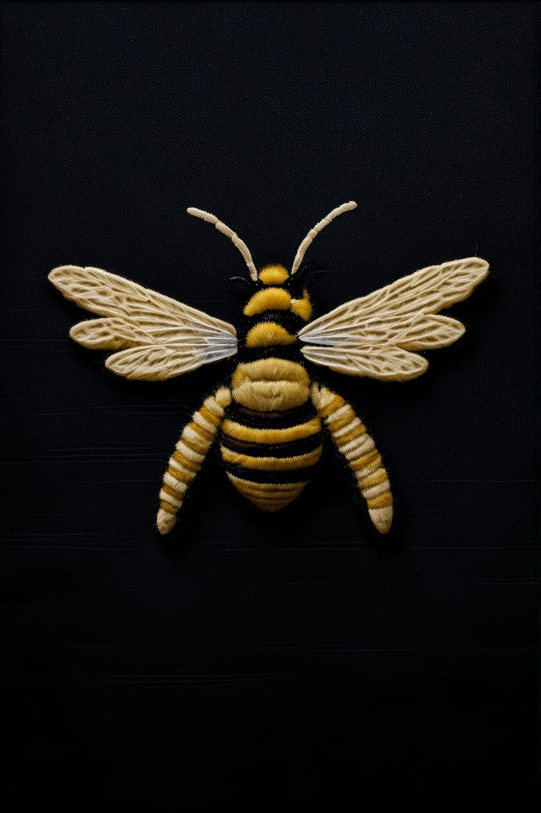 A 32k HD digital rendering of a Wes Anderson-inspired bee, intricately embroidered on dark fabric measuring 200mm