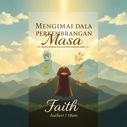 An illustration art style book cover design representing the concept of faith, titled "MENGIMANI DALAM PERKEMBANGAN MASA -PENTINGNYA MENGOKOHKAN IMAN DALAM PENGARUH PERKEMBANGAN GLOBAL"