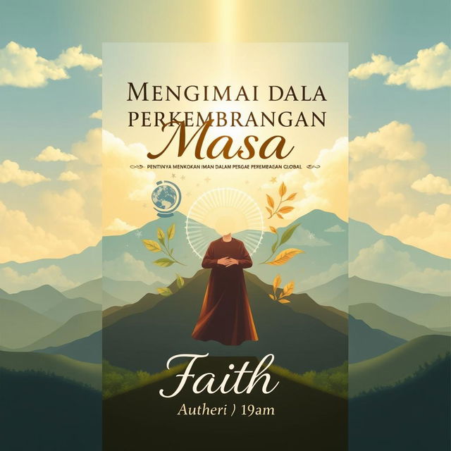 An illustration art style book cover design representing the concept of faith, titled "MENGIMANI DALAM PERKEMBANGAN MASA -PENTINGNYA MENGOKOHKAN IMAN DALAM PENGARUH PERKEMBANGAN GLOBAL"