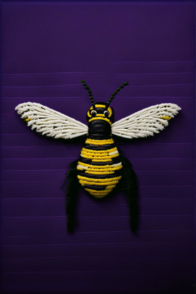 A 32k HD digital rendering of a Wes Anderson-inspired bee, intricately embroidered on royal purple silk fabric measuring 200mm