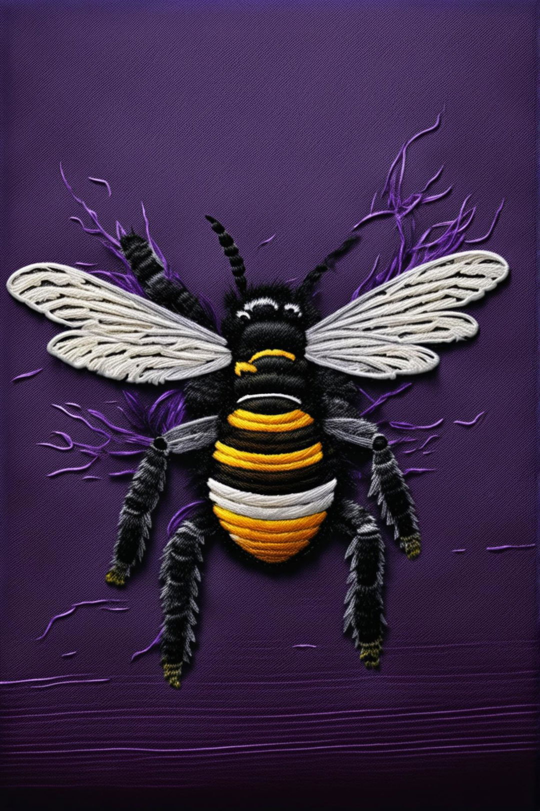 A 32k HD digital art image of an intricately embroidered bee on a royal purple silk fabric