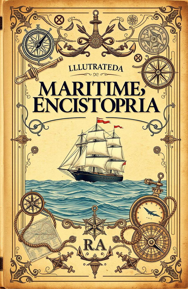 An illustrated vintage encyclopedia cover about maritime history, featuring a beautiful and intricate design