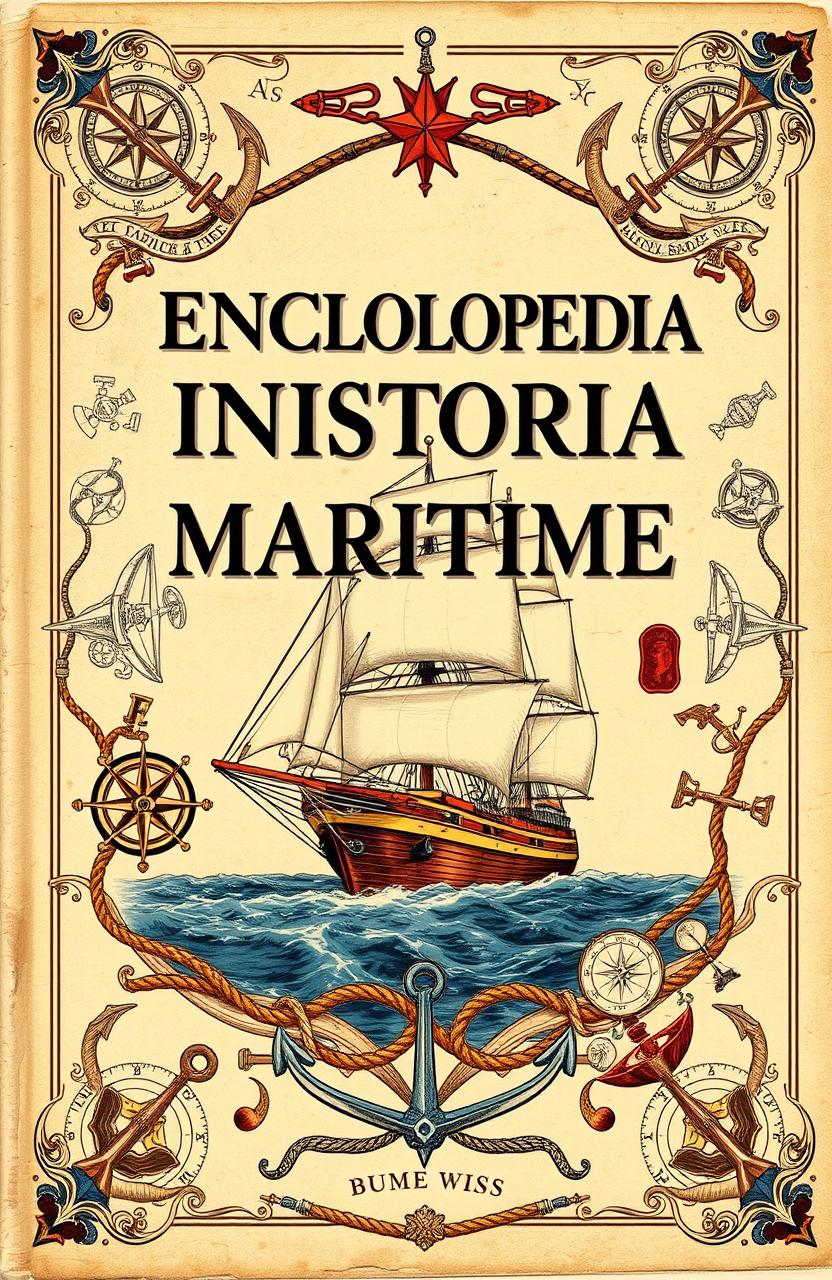 An illustrated vintage encyclopedia cover about maritime history, featuring a beautiful and intricate design