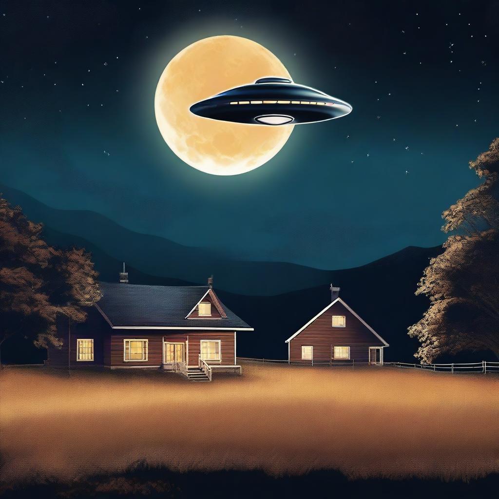 A digital art image of a classic UFO scene, featuring a metallic saucer-shaped UFO hovering in the night sky above a rural farmhouse