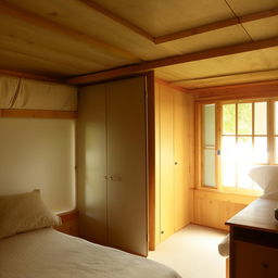 A well-lit room featuring two windows, a door, and a strategically placed cupboard near one window for ventilation. Also includes a comfortable bed and an additional external cupboard.