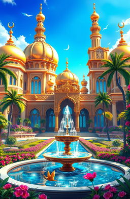 A stunning and detailed illustration of a grand palace inspired by Aladdin's magic, featuring intricate Islamic architecture with golden domes, elaborate carvings, and sparkling stained glass windows