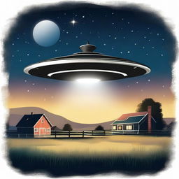 A digital art image of a classic UFO scene, featuring a metallic saucer-shaped UFO hovering in the night sky above a rural farmhouse