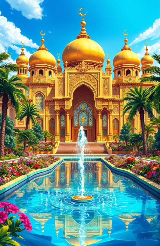 A stunning and detailed illustration of a grand palace inspired by Aladdin's magic, featuring intricate Islamic architecture with golden domes, elaborate carvings, and sparkling stained glass windows