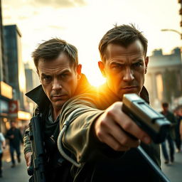 A thrilling scene from the upcoming movie 'JASON BOURNE 6 (2024)', featuring Matt Damon and Kevin Costner in action