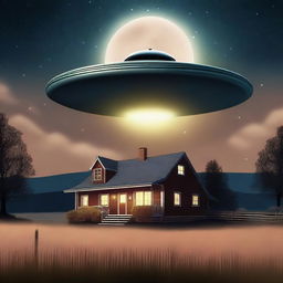 A digital art image of a classic UFO scene, featuring a metallic saucer-shaped UFO hovering in the night sky above a rural farmhouse