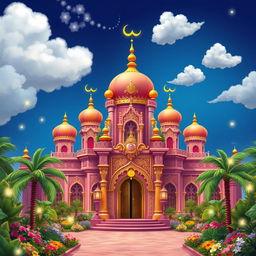 A vibrant and enchanting palace inspired by the tales of Aladdin, featuring ornate architecture with intricate carvings and golden domes