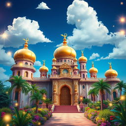 A vibrant and enchanting palace inspired by the tales of Aladdin, featuring ornate architecture with intricate carvings and golden domes