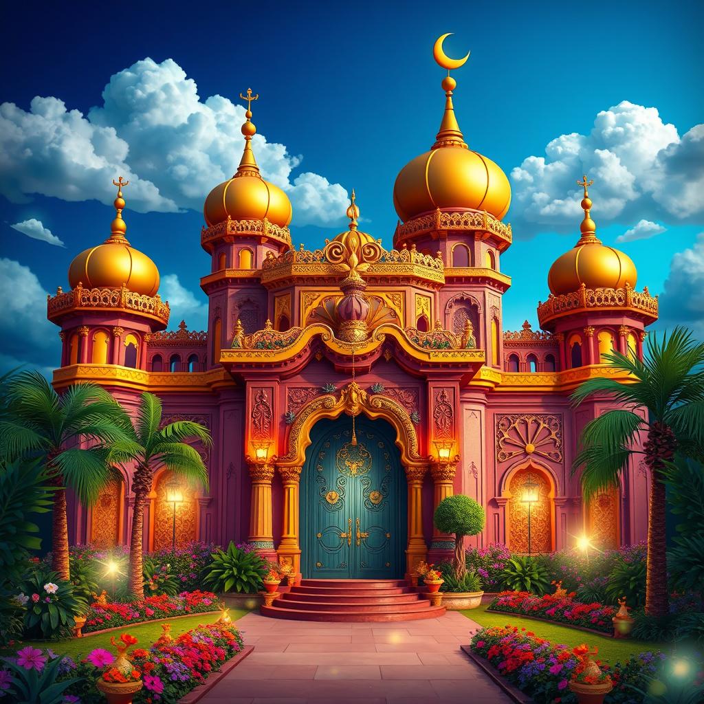 A vibrant and enchanting palace inspired by the tales of Aladdin, featuring ornate architecture with intricate carvings and golden domes