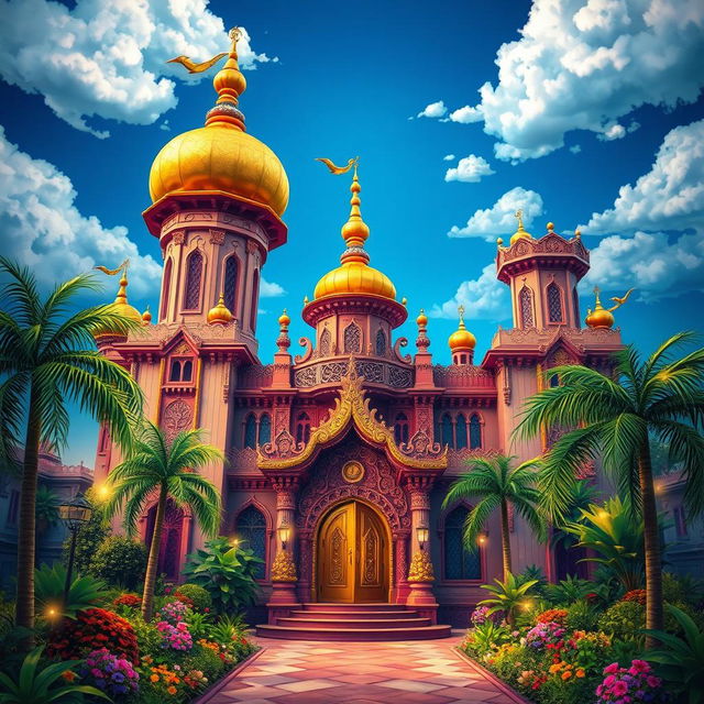 A vibrant and enchanting palace inspired by the tales of Aladdin, featuring ornate architecture with intricate carvings and golden domes