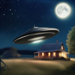 A digital art image of a classic UFO scene, featuring a metallic saucer-shaped UFO hovering in the night sky above a rural farmhouse