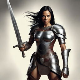 A realistic digital art image of actress Rosario Dawson depicted as a warrior in leather armor, with a broadsword