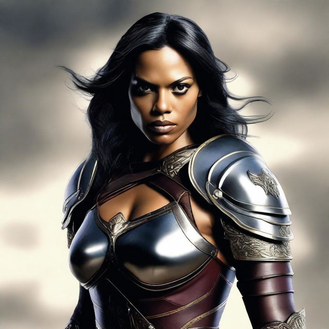 A realistic digital art image of actress Rosario Dawson depicted as a warrior in leather armor, with a broadsword