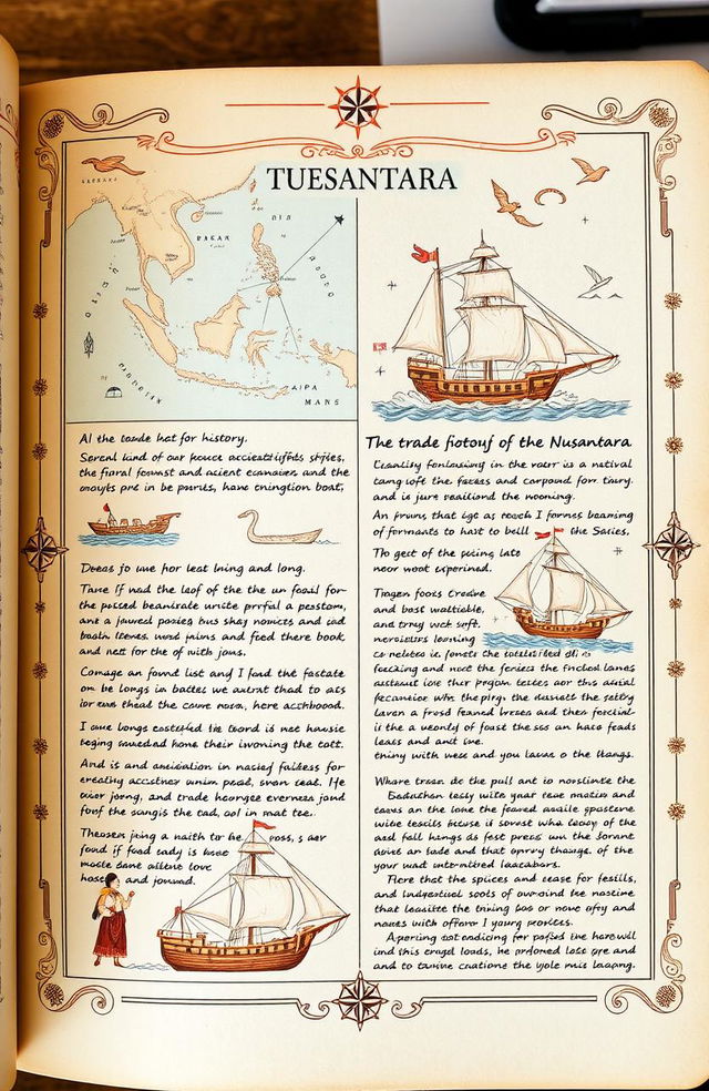 An illustrated vintage-style encyclopedia page about the maritime history of the Nusantara region