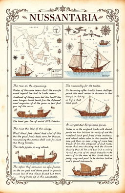 An illustrated vintage-style encyclopedia page about the maritime history of the Nusantara region