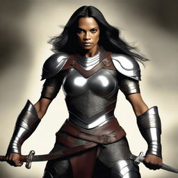 A realistic digital art image of actress Rosario Dawson depicted as a warrior in leather armor, with a broadsword