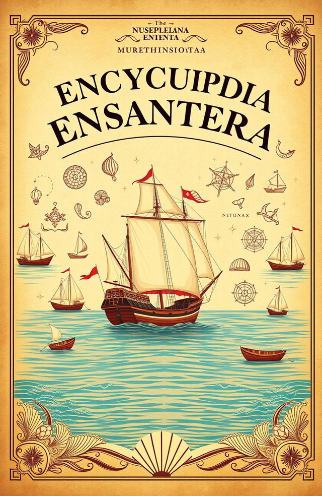 A vintage-style cover design for an encyclopedia about the maritime history of the archipelago of Nusantara