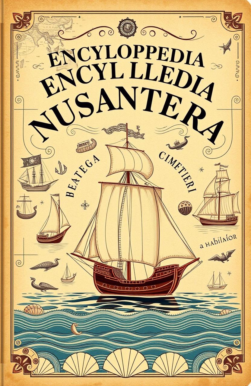 A vintage-style cover design for an encyclopedia about the maritime history of the archipelago of Nusantara